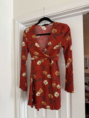 Olivaceous Rust Floral Wrap Dress with Long Sleeves